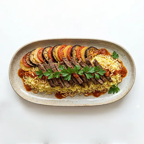 Beef Tebsi Baytinjan with pine nuts Rice